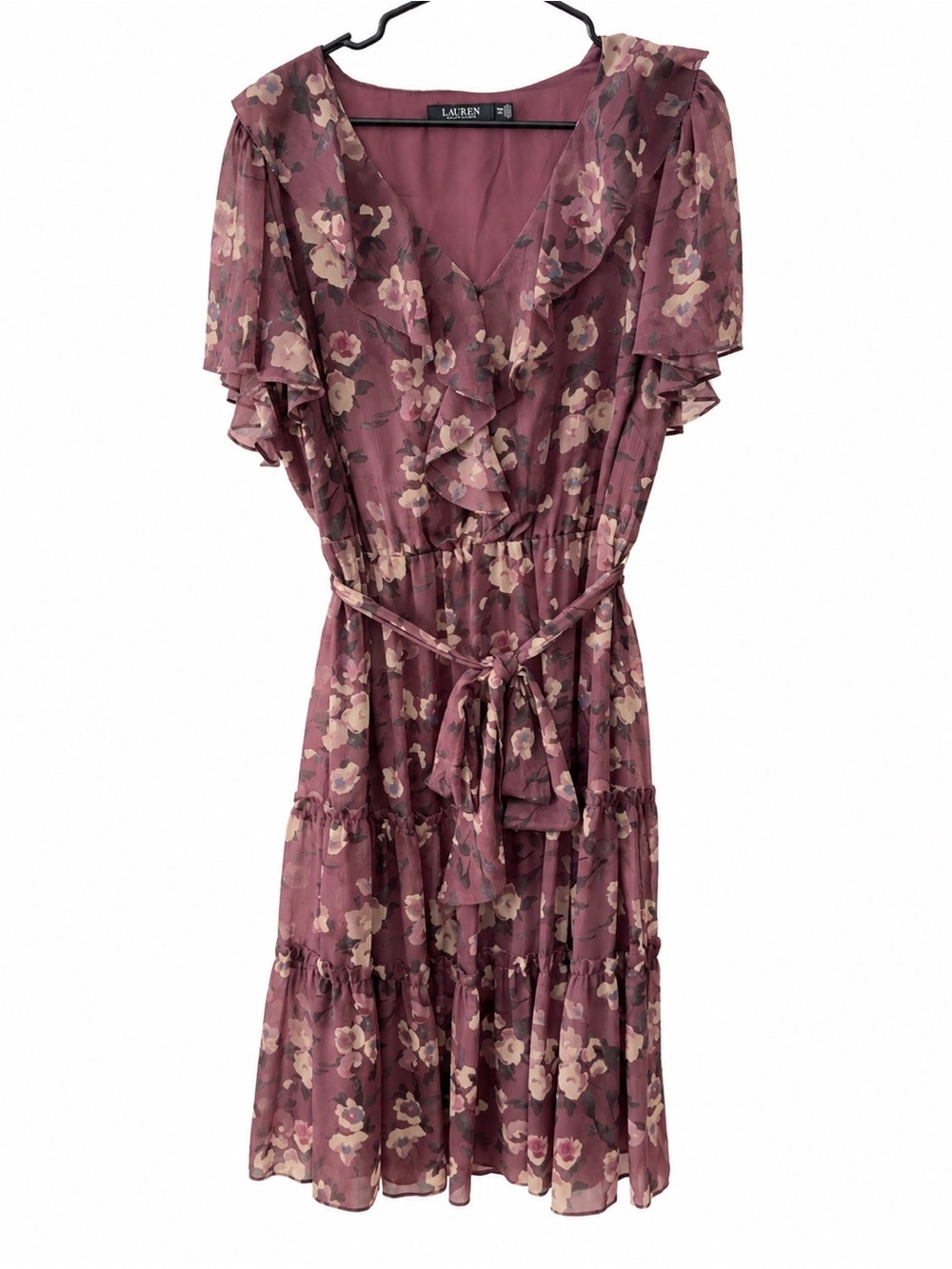 Lauren Ralph Lauren 14W Floral Ruffle Tiered Maxi Dress Mauve Plum